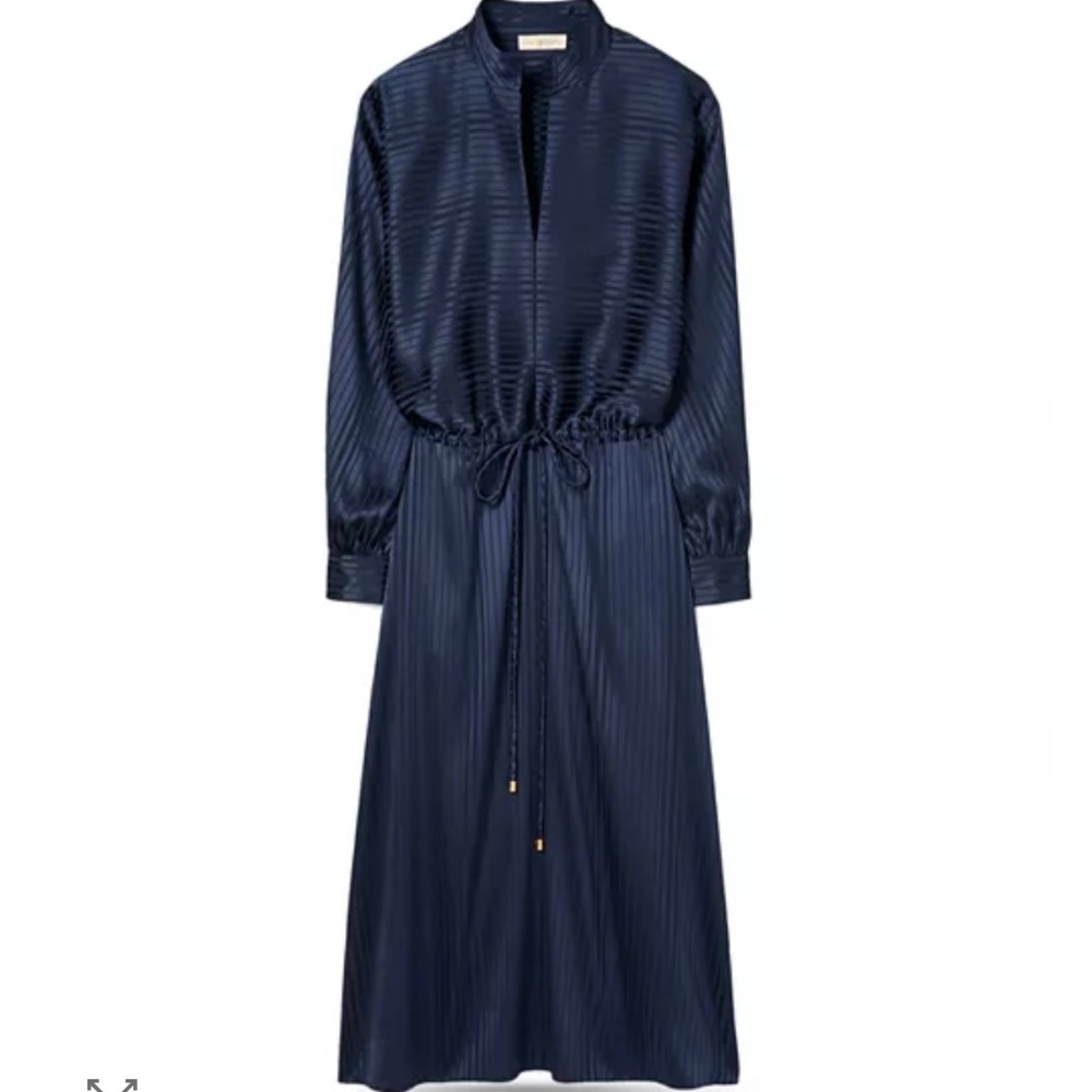 Stripe Long Sleeve Drawstring Silk Maxi Dress - Blue